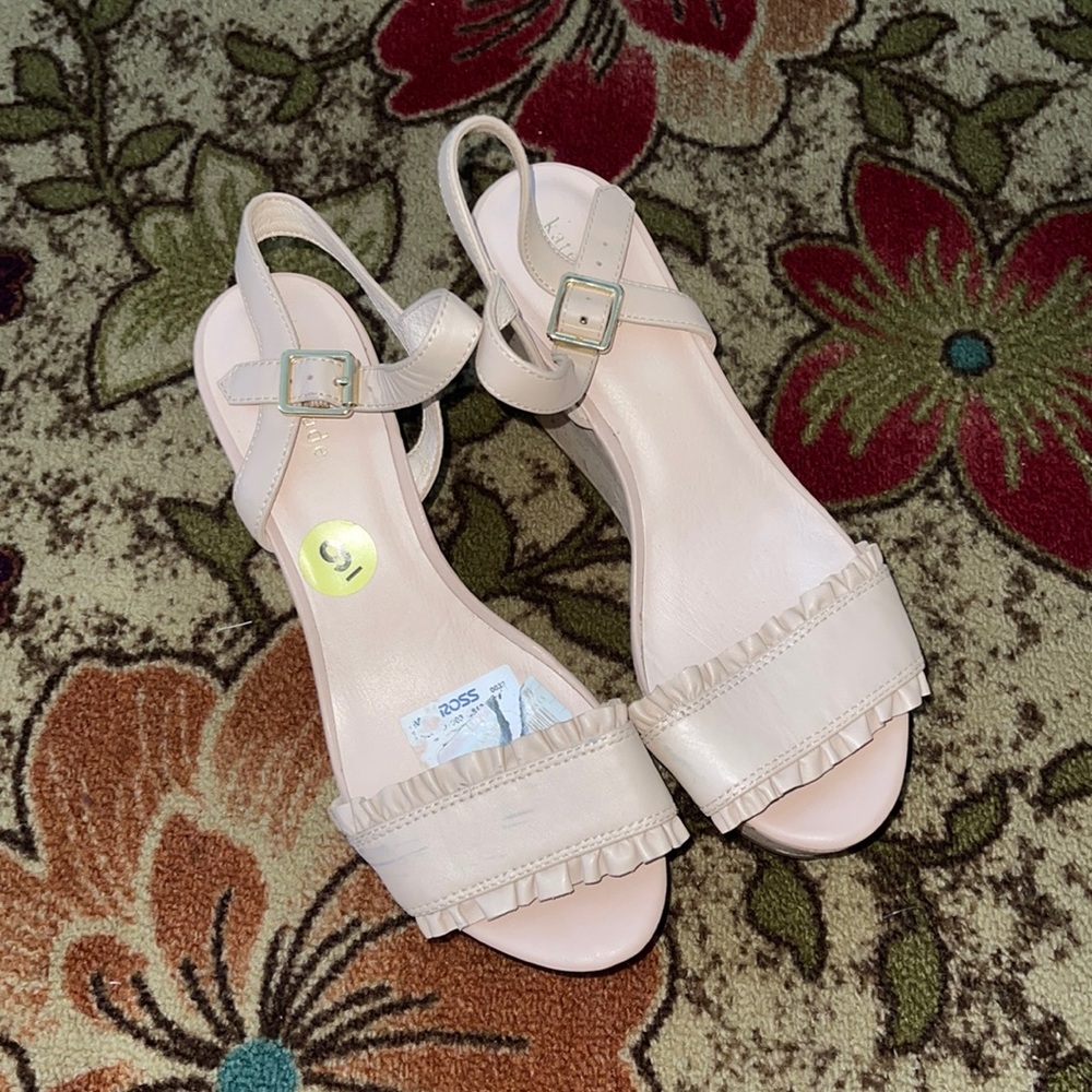 Kate Spade Tomas Blush Ruffle Leather Strap Wedges